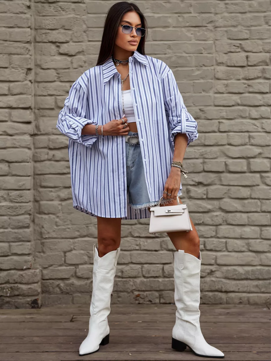 Белая рубашка оверсайз удлиненная в полоску