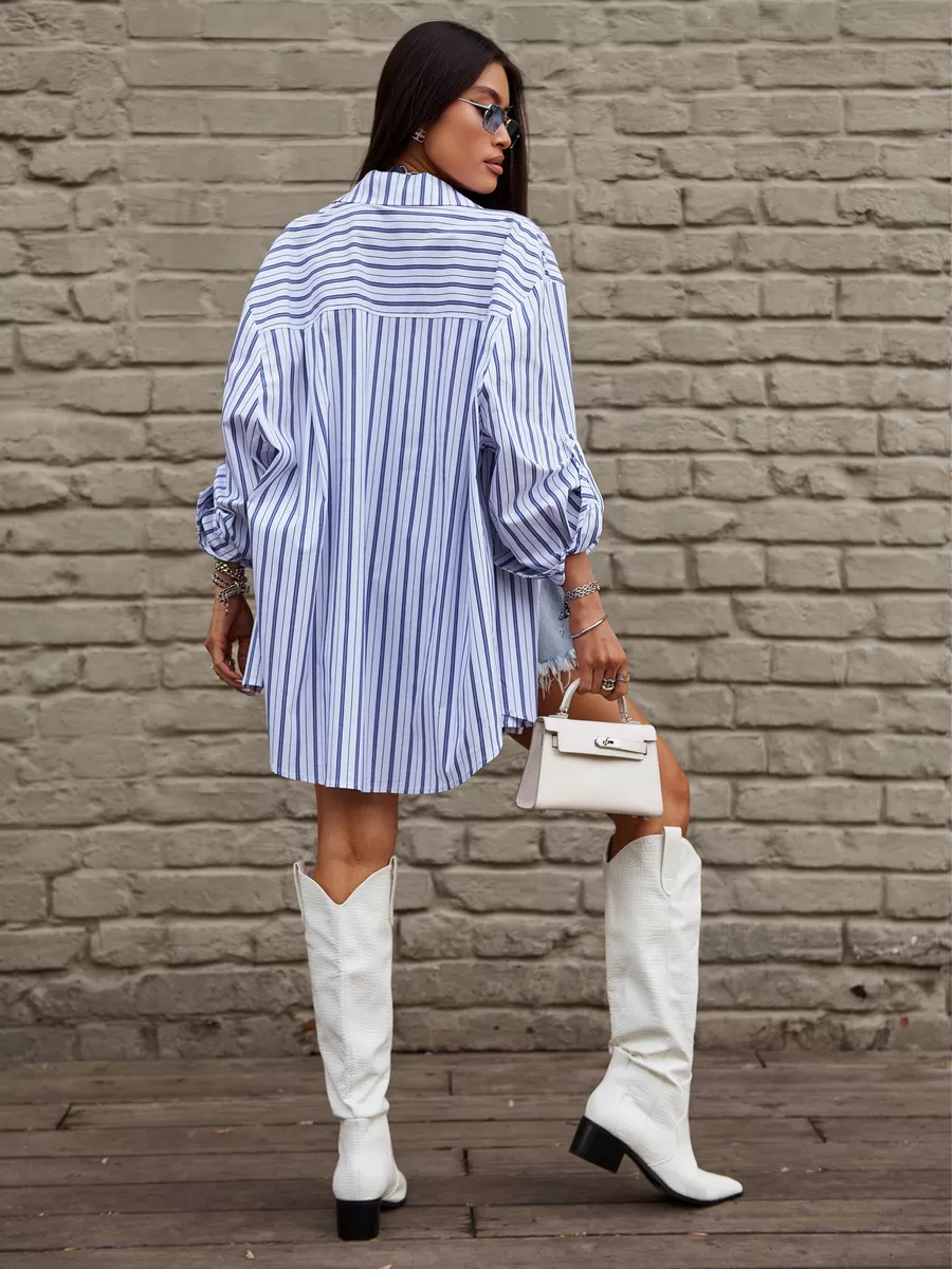 Белая рубашка оверсайз удлиненная в полоску