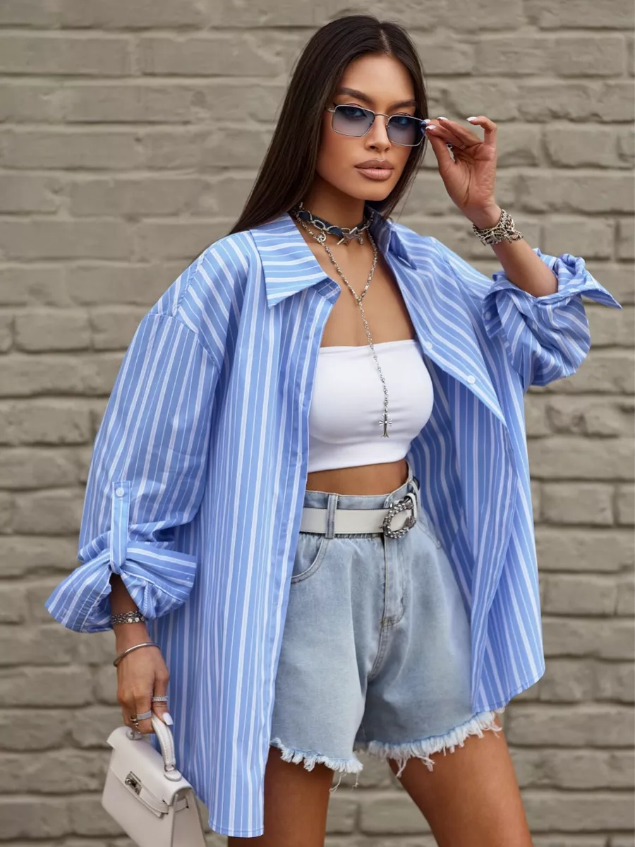 Синяя рубашка оверсайз удлиненная в полоску