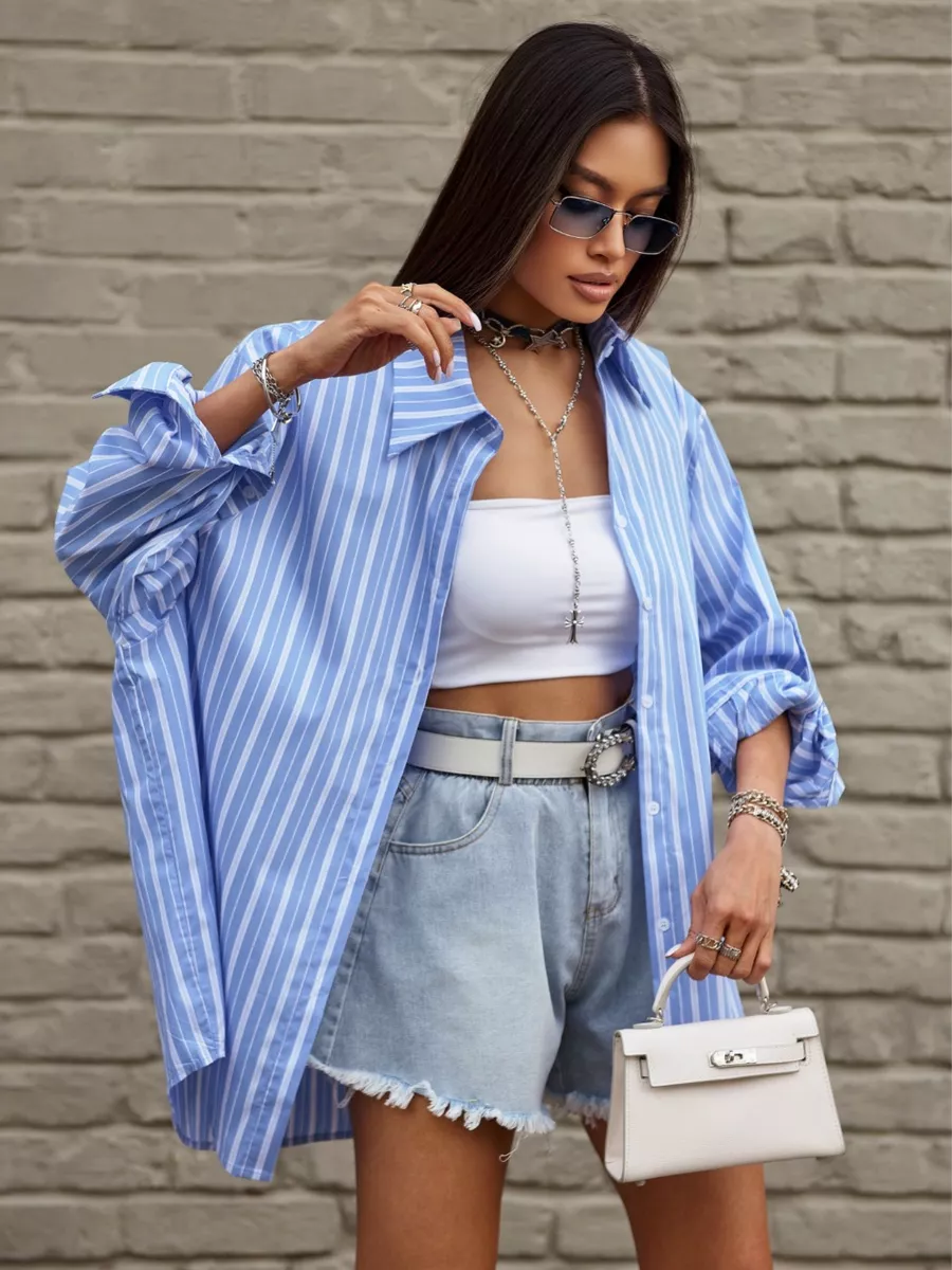 Синяя рубашка оверсайз удлиненная в полоску