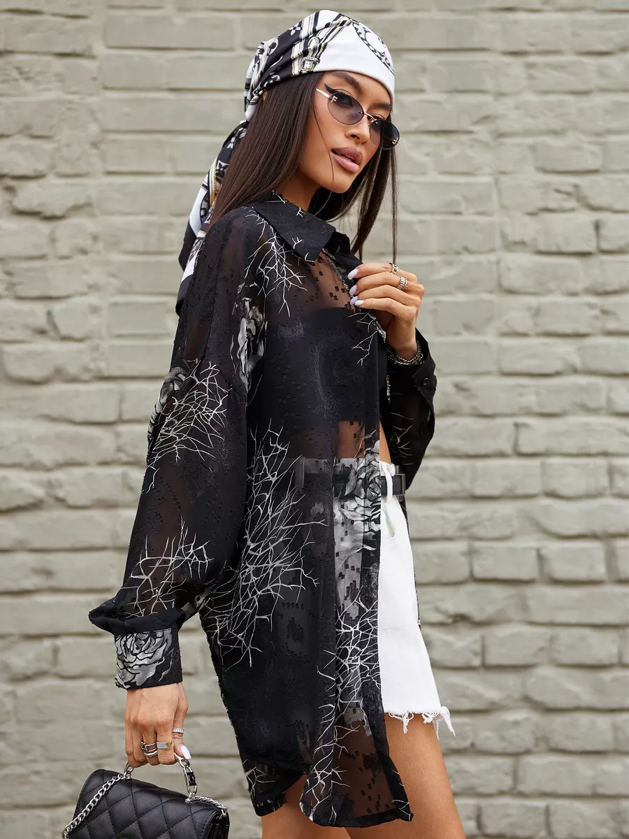 Серебристая рубашка оверсайз удлиненная с цветочным принтом