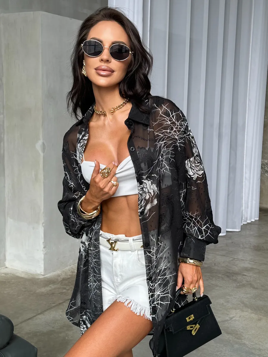 Рубашка оверсайз удлиненная с цветочным принтом