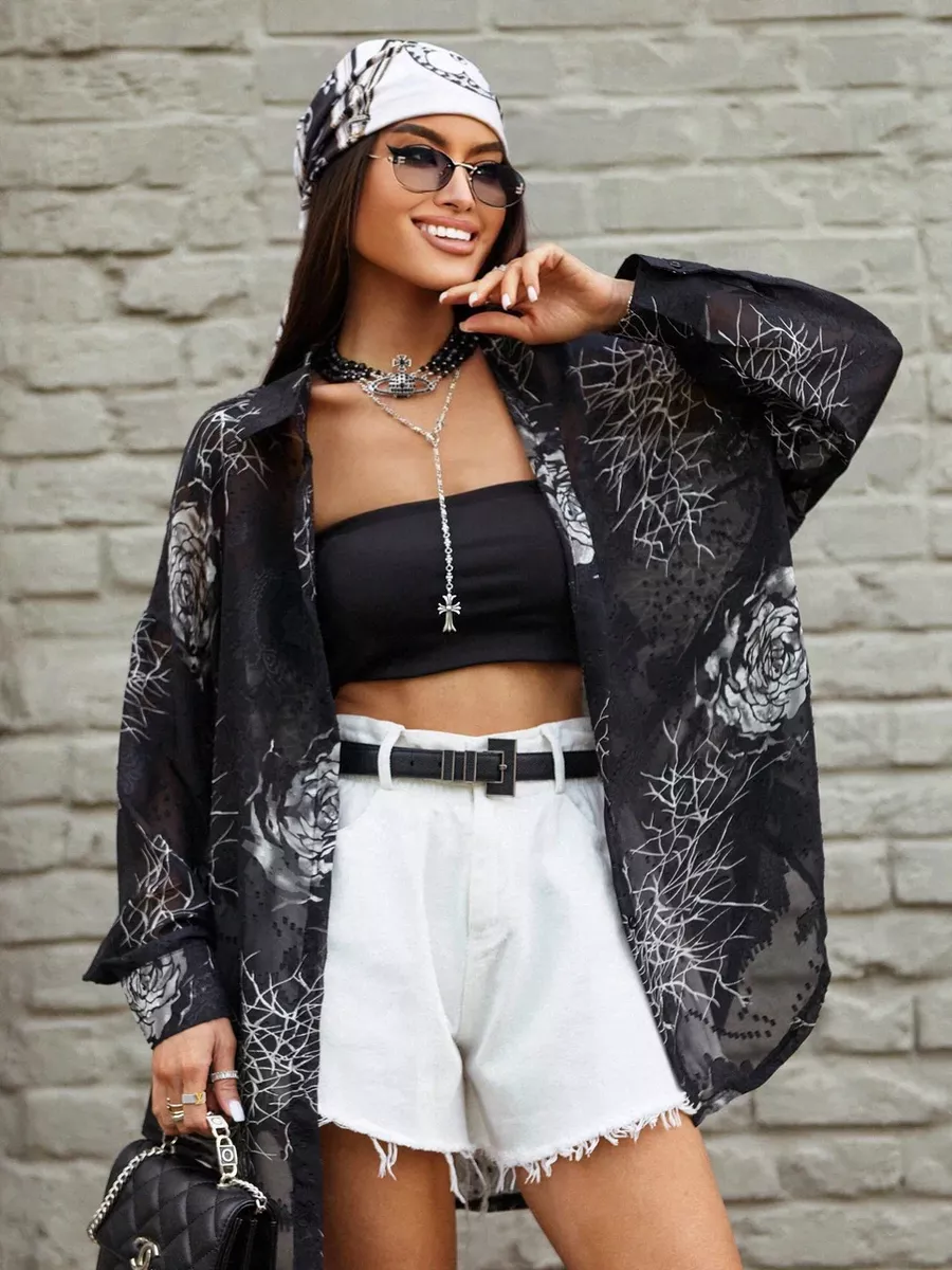 Серебристая рубашка оверсайз удлиненная с цветочным принтом