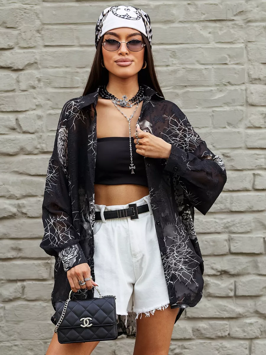 Серебристая рубашка оверсайз удлиненная с цветочным принтом