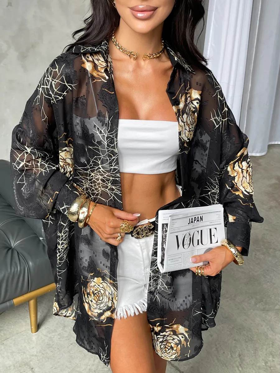 Рубашка оверсайз удлиненная с цветочным принтом