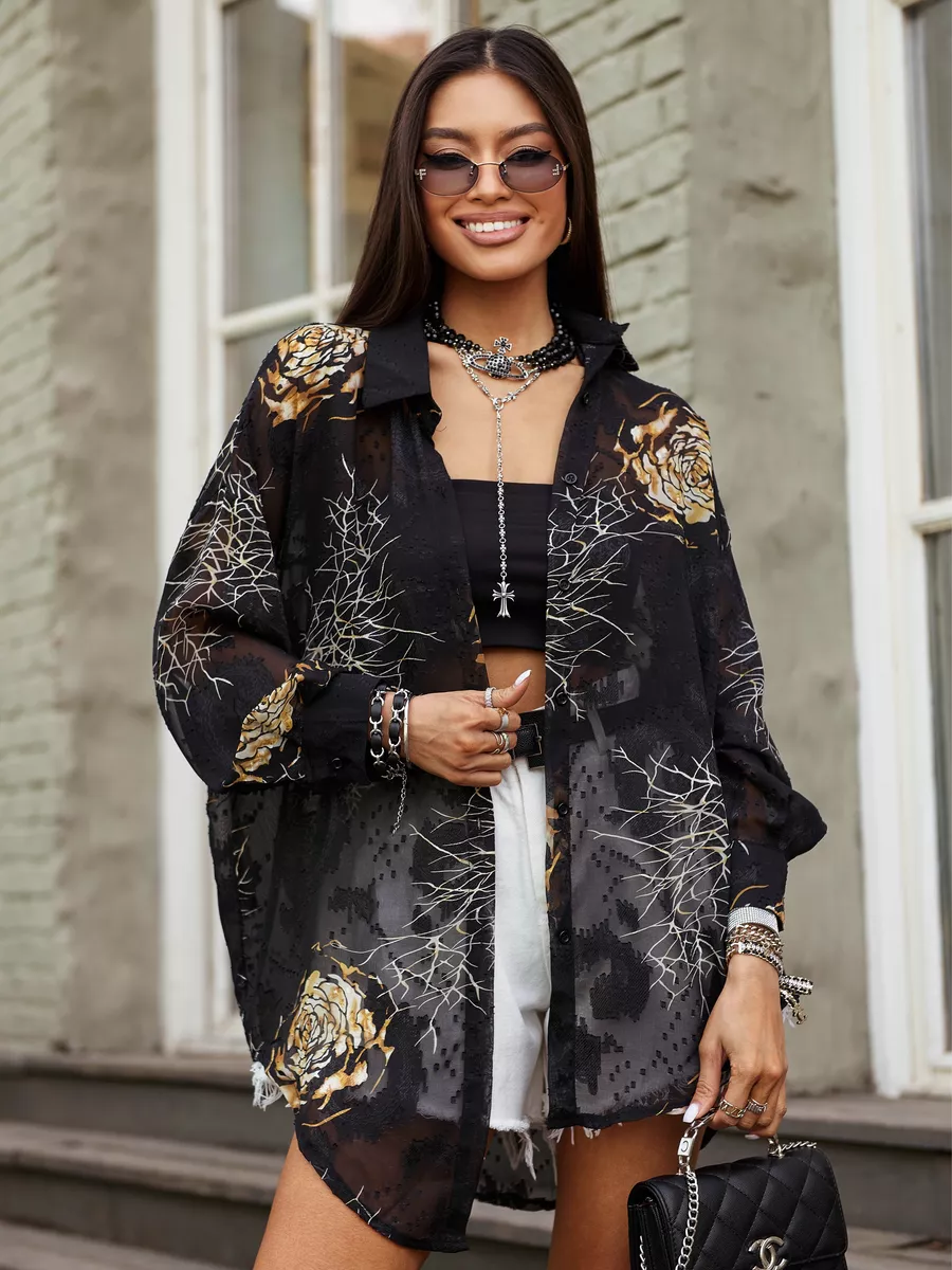 Золотистая рубашка оверсайз удлиненная с цветочным принтом