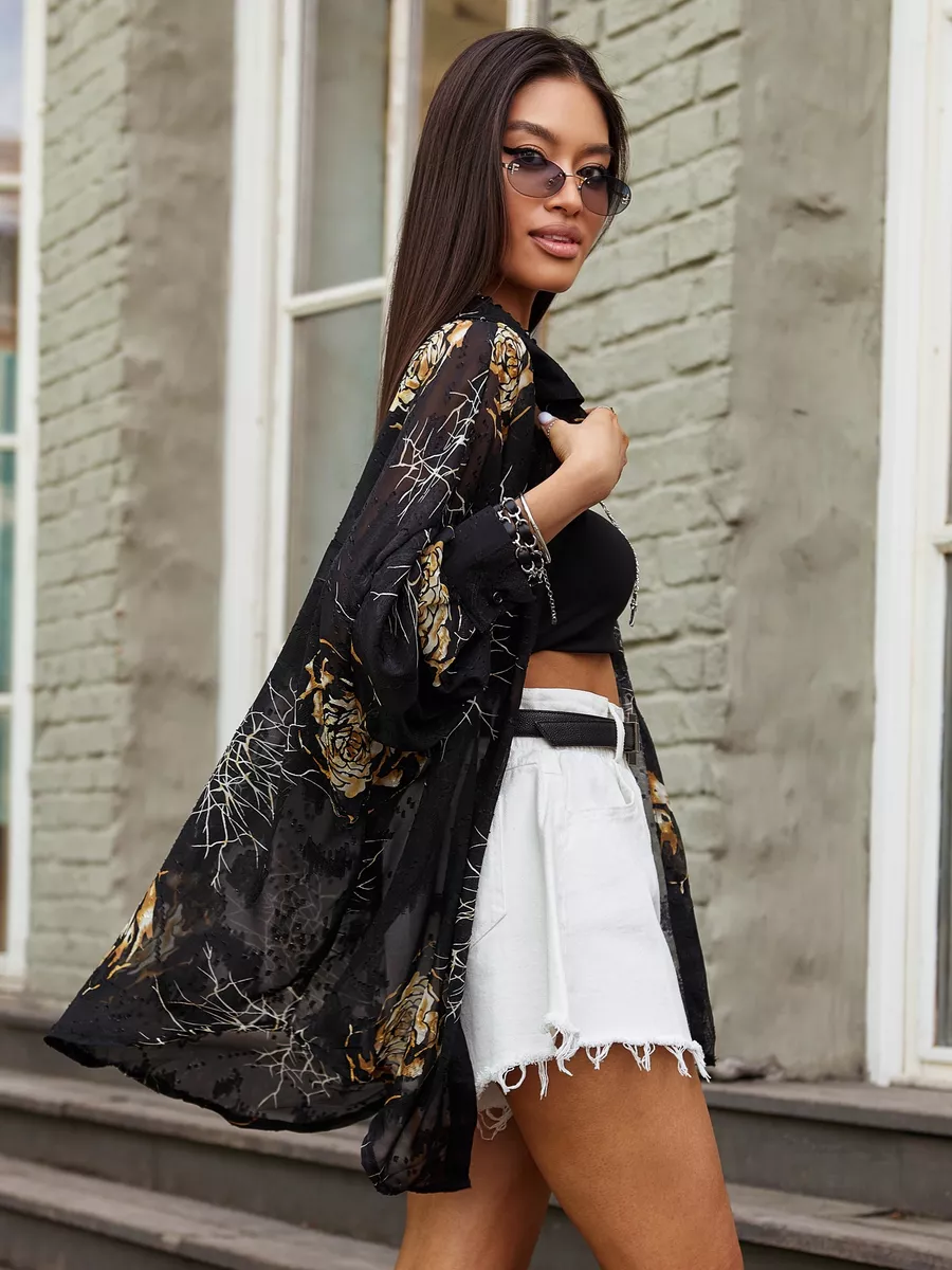 Золотистая рубашка оверсайз удлиненная с цветочным принтом