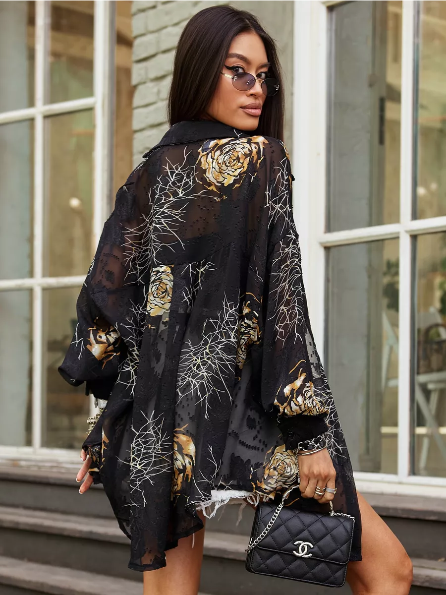 Золотистая рубашка оверсайз удлиненная с цветочным принтом