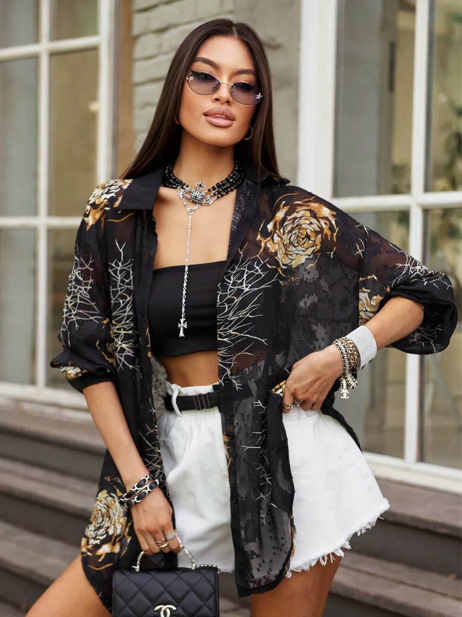 Золотистая рубашка оверсайз удлиненная с цветочным принтом