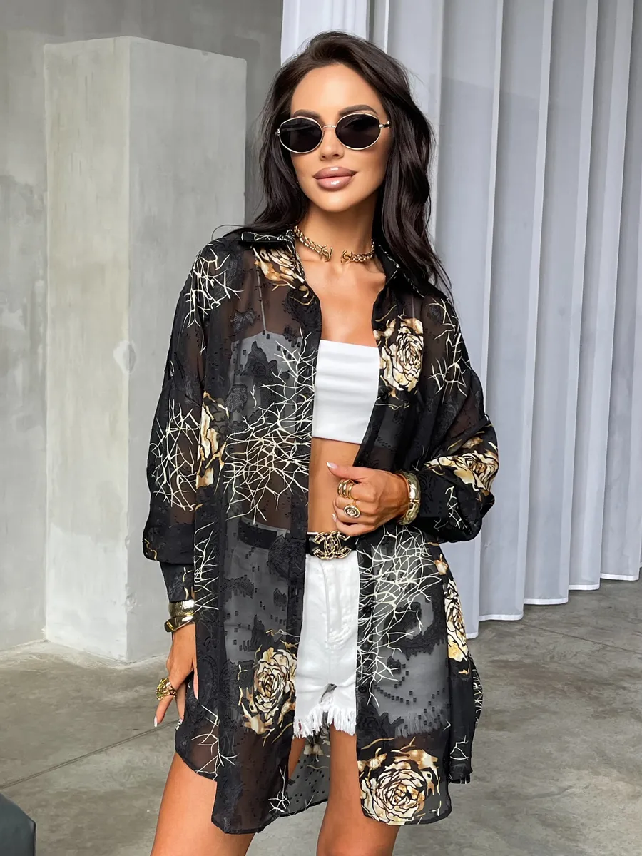 Рубашка оверсайз удлиненная с цветочным принтом