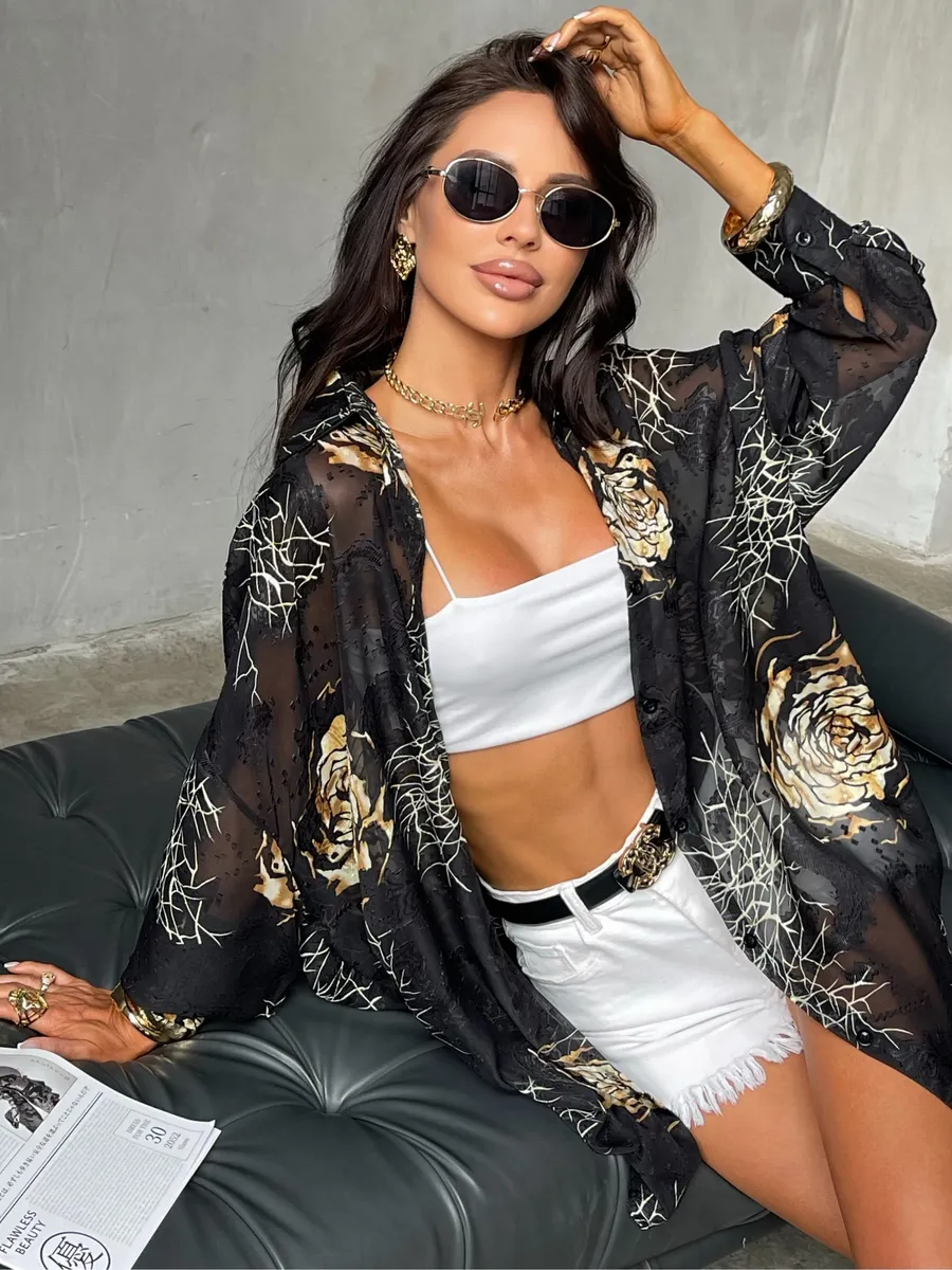 Рубашка оверсайз удлиненная с цветочным принтом