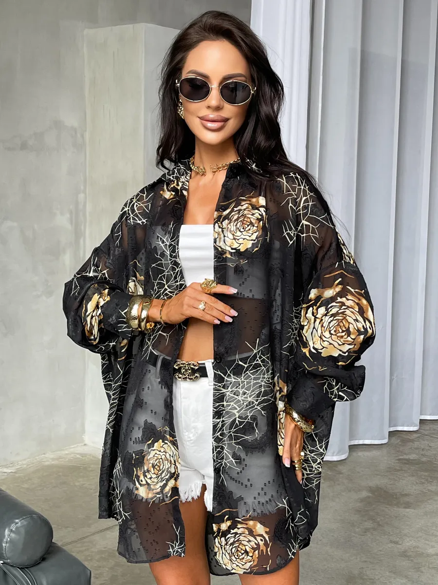 Золотистая рубашка оверсайз удлиненная с цветочным принтом
