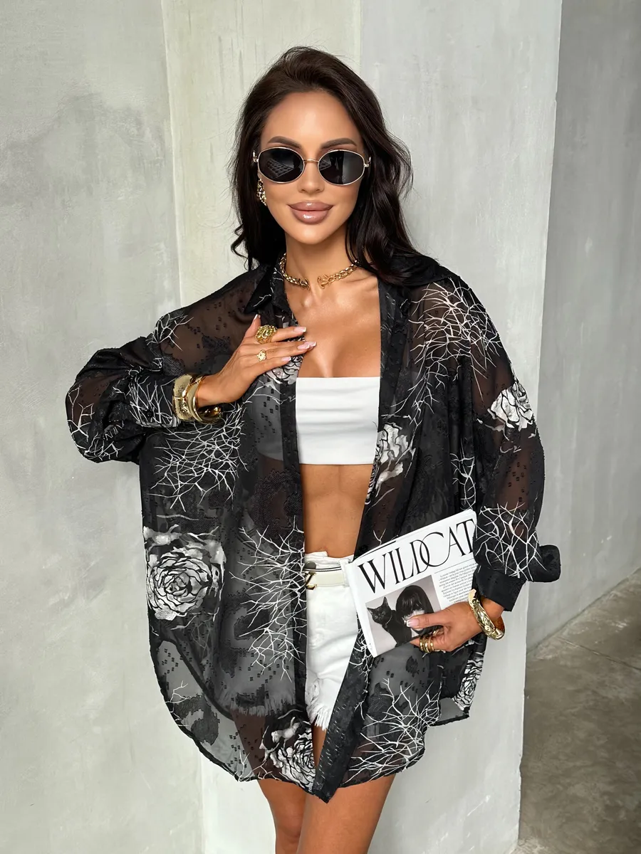 Золотистая рубашка оверсайз удлиненная с цветочным принтом