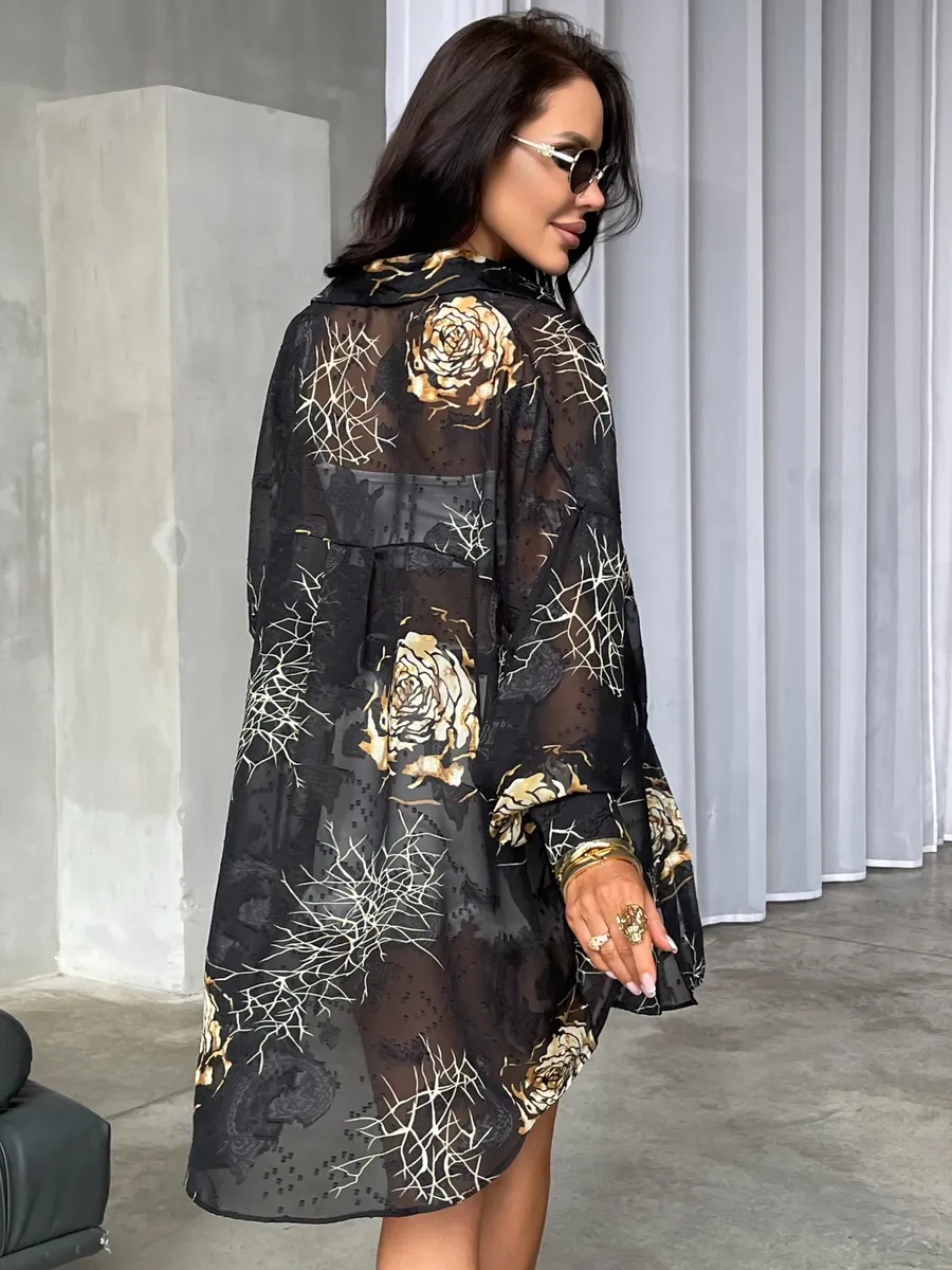 Золотистая рубашка оверсайз удлиненная с цветочным принтом