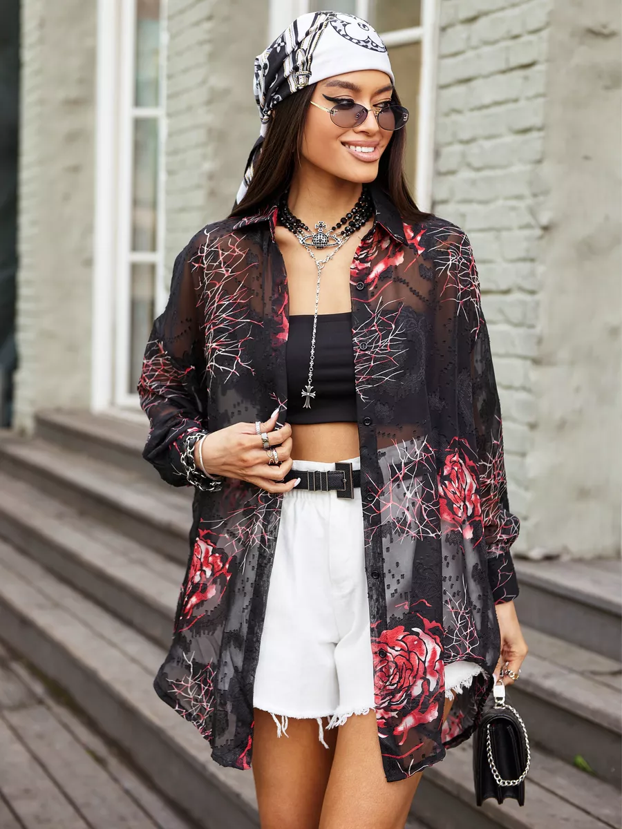 Красная рубашка оверсайз удлиненная с цветочным принтом