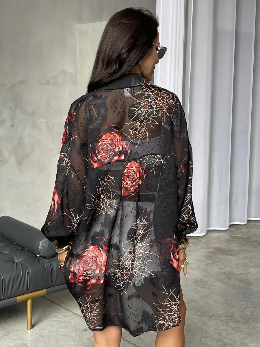 Красная рубашка оверсайз удлиненная с цветочным принтом