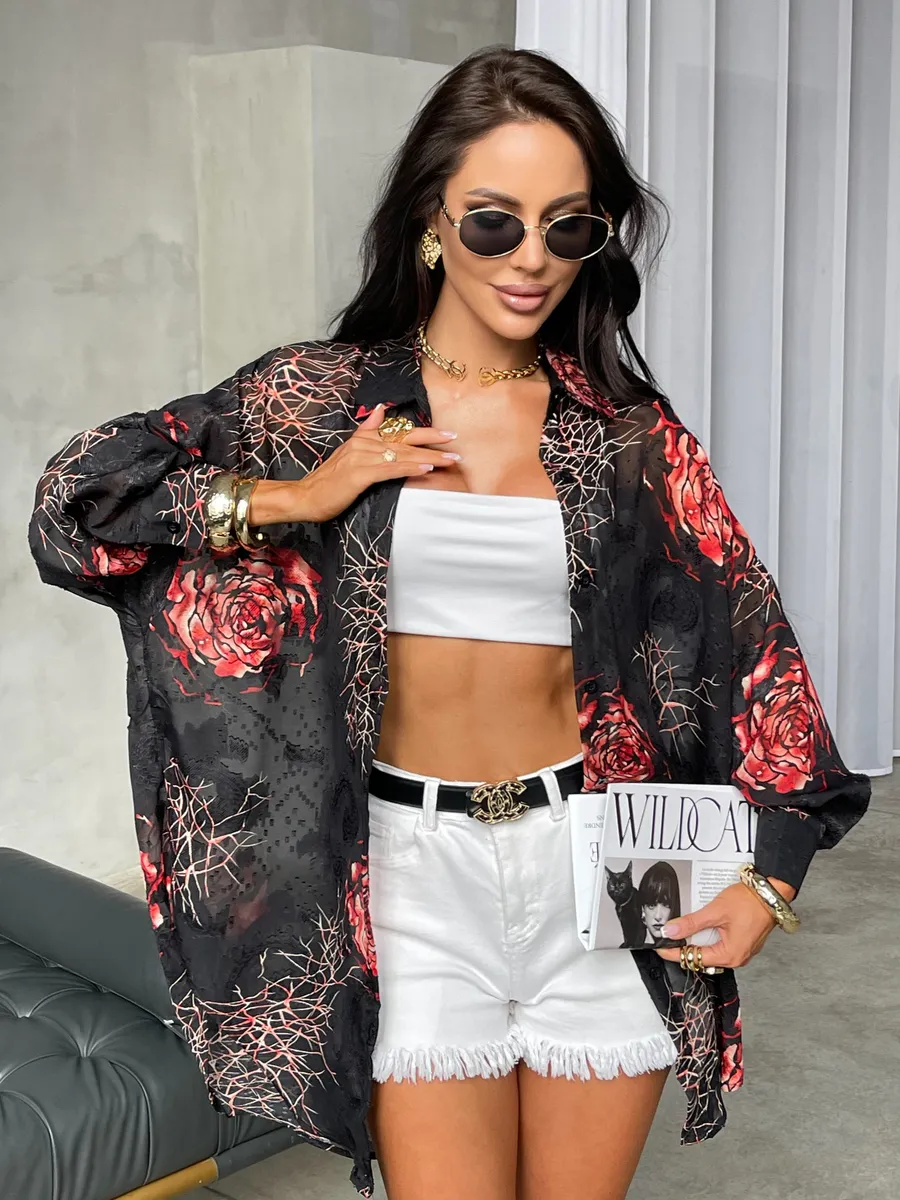 Рубашка оверсайз удлиненная с цветочным принтом