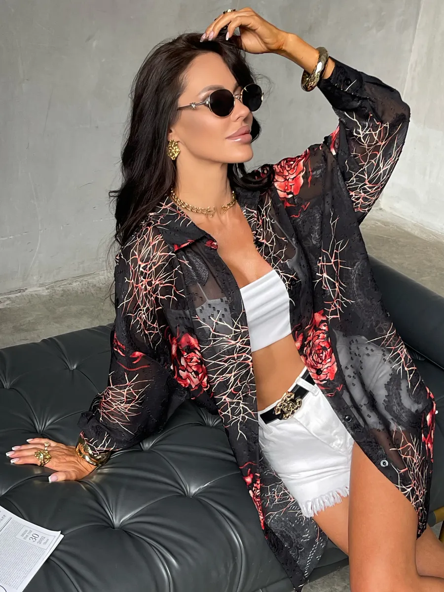 Рубашка оверсайз удлиненная с цветочным принтом