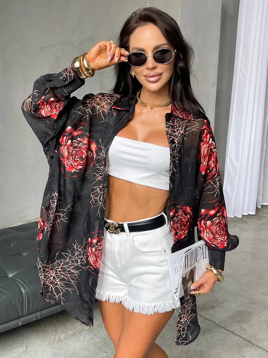 Красная рубашка оверсайз удлиненная с цветочным принтом