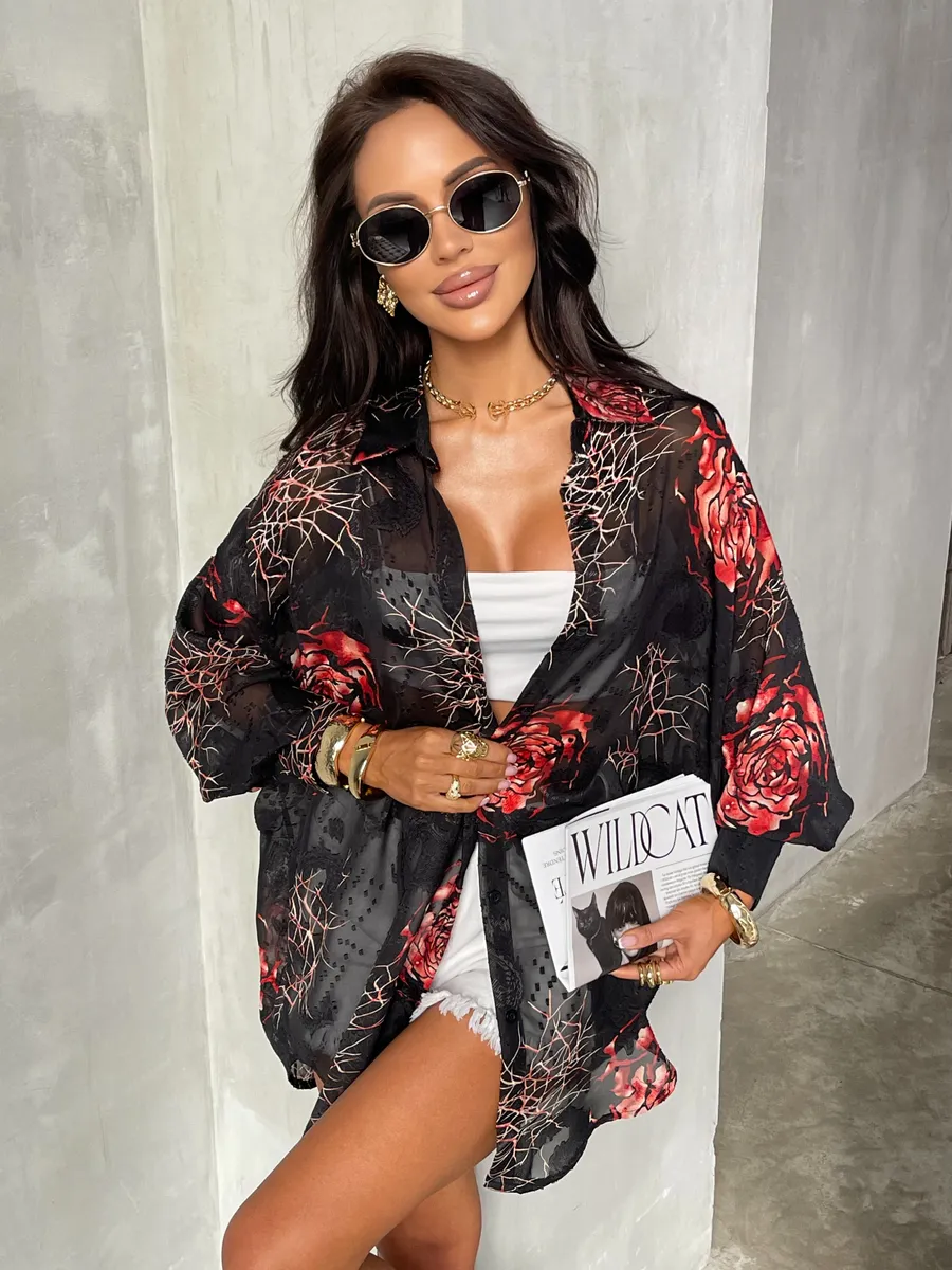 Красная рубашка оверсайз удлиненная с цветочным принтом