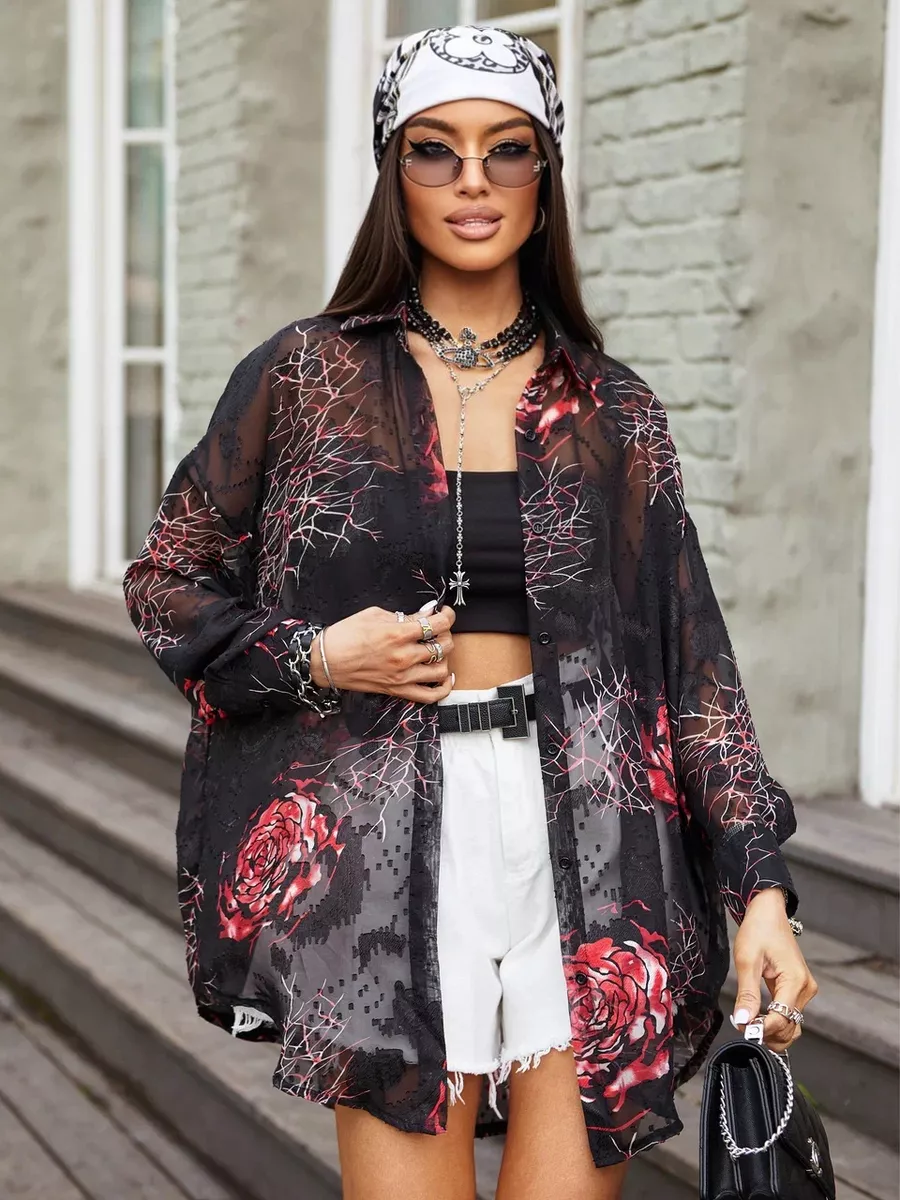 Красная рубашка оверсайз удлиненная с цветочным принтом