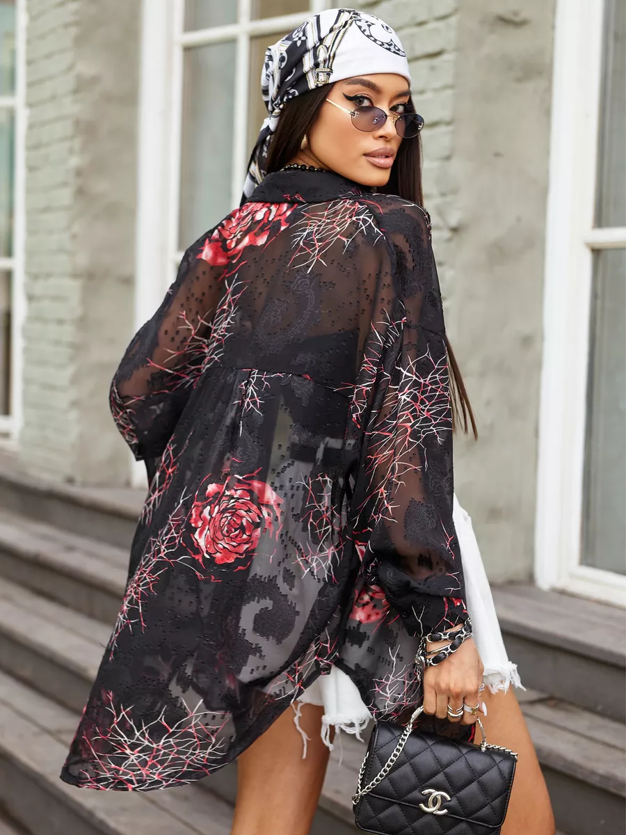 Красная рубашка оверсайз удлиненная с цветочным принтом