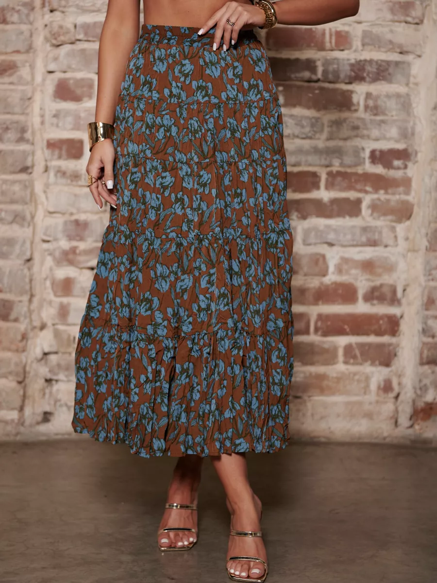 Коричневая юбка ярусная с цветочным принтом