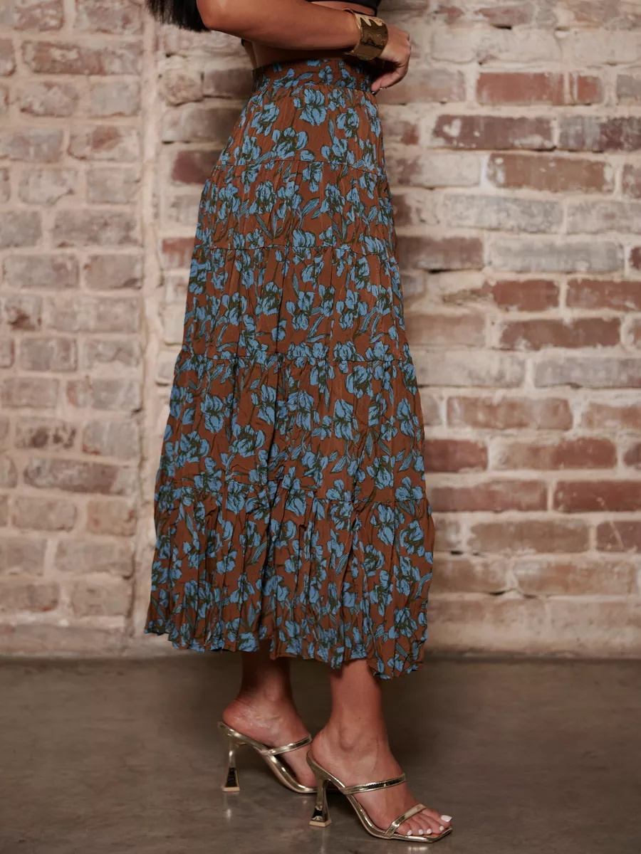 Коричневая юбка ярусная с цветочным принтом