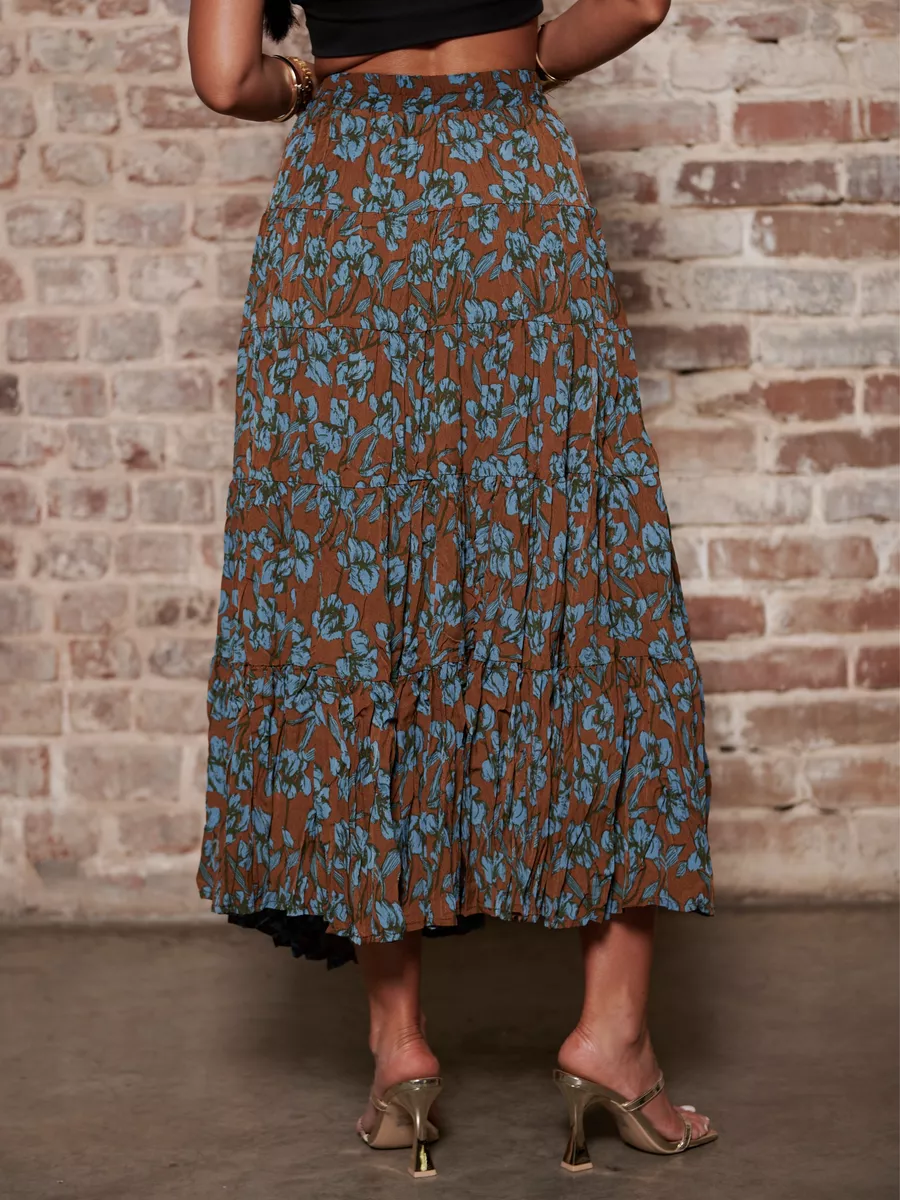 Коричневая юбка ярусная с цветочным принтом