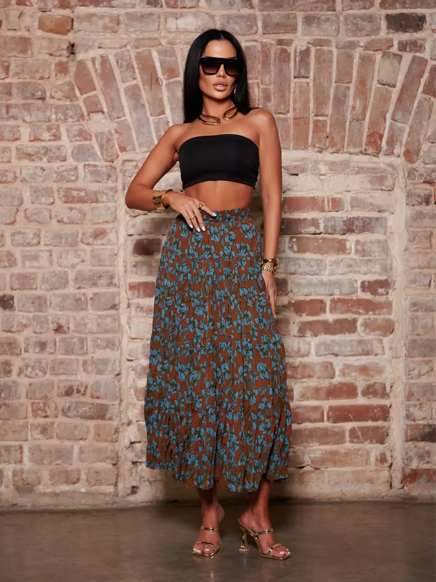 Коричневая юбка ярусная с цветочным принтом