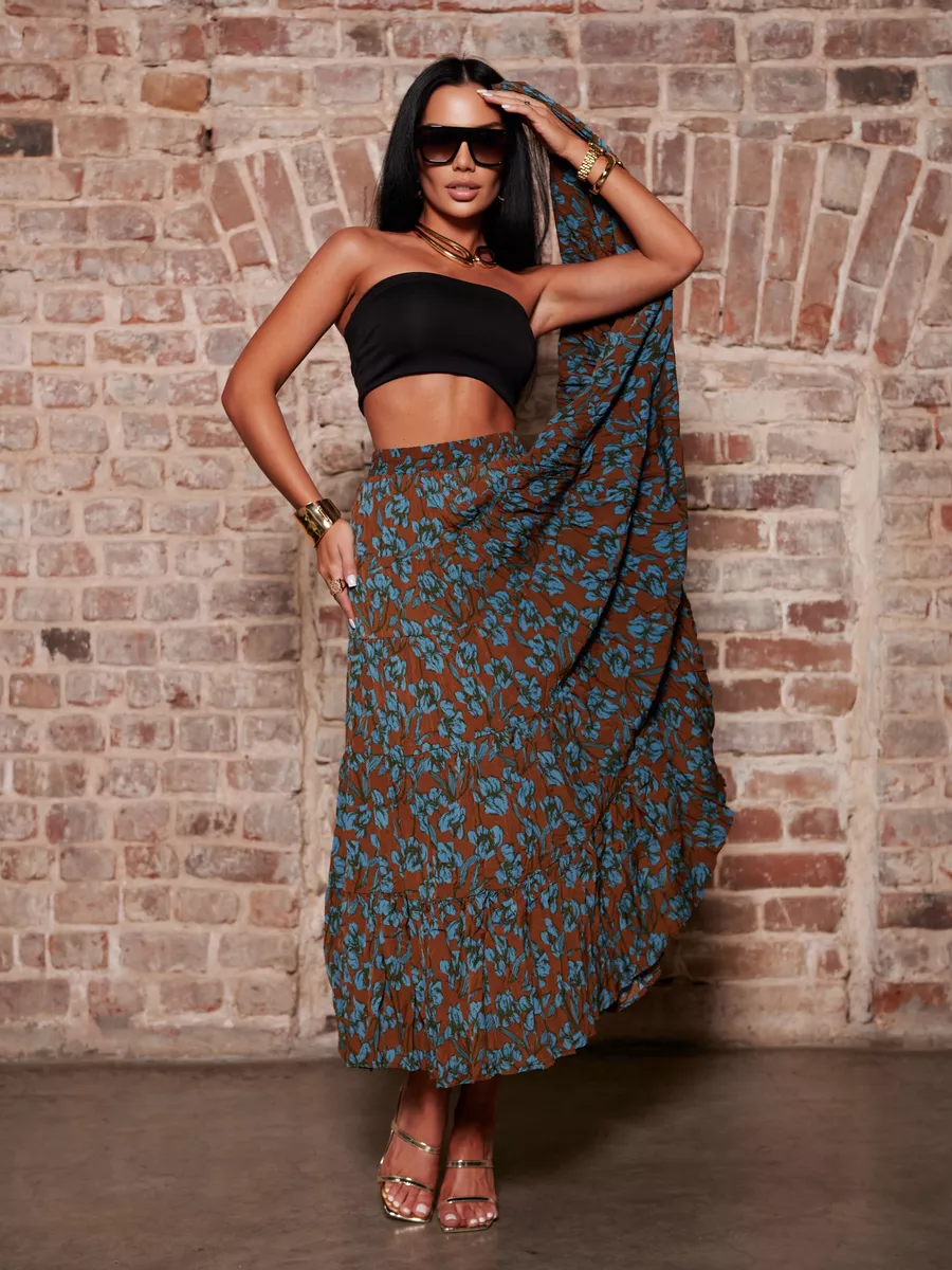 Коричневая юбка ярусная с цветочным принтом