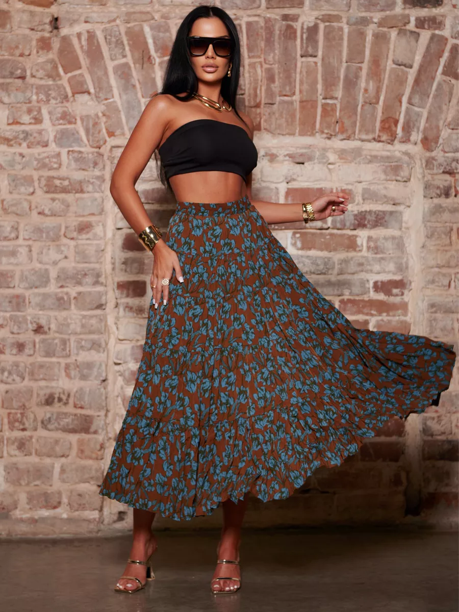 Коричневая юбка ярусная с цветочным принтом