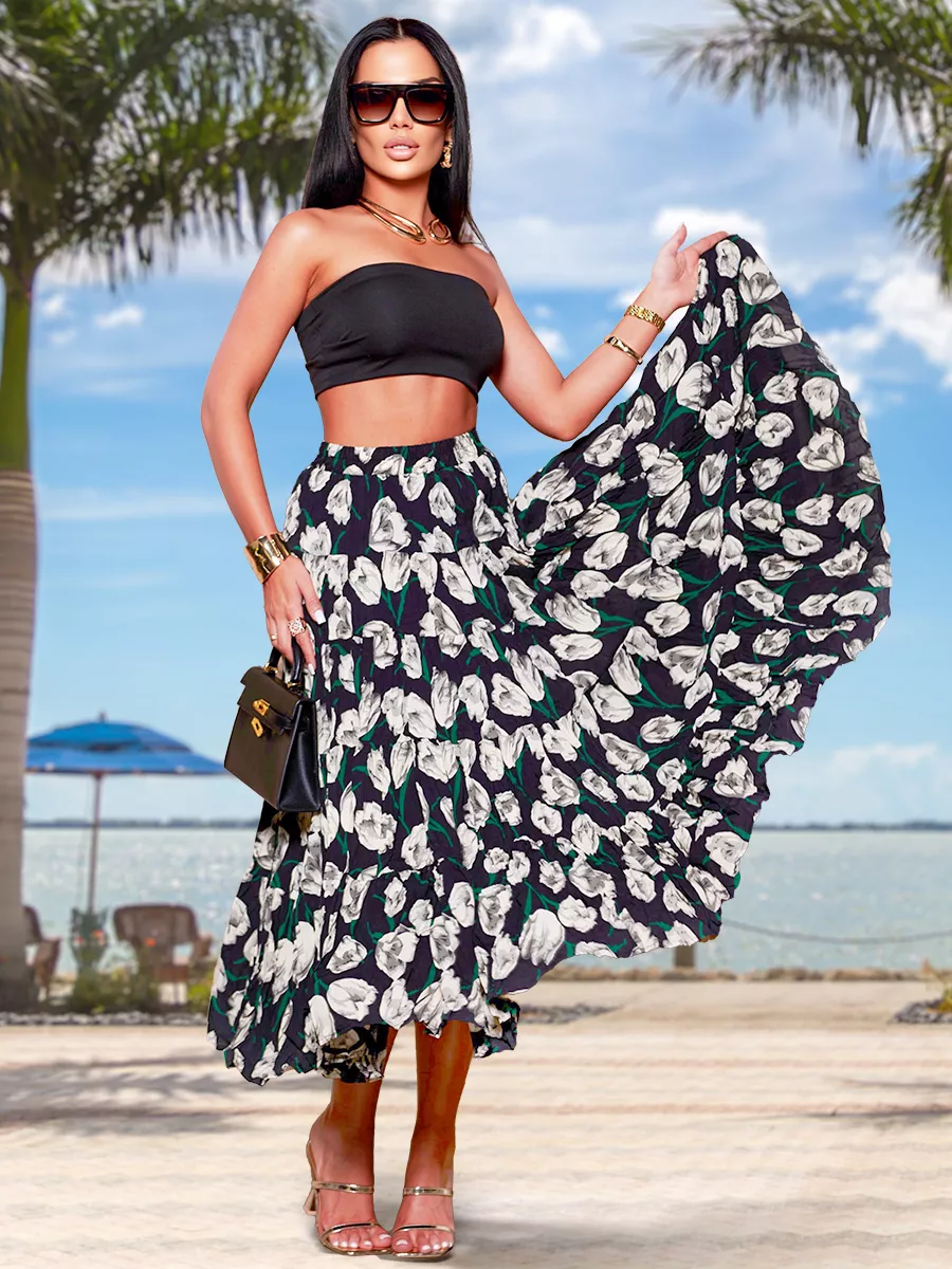 Черная юбка ярусная с цветочным принтом