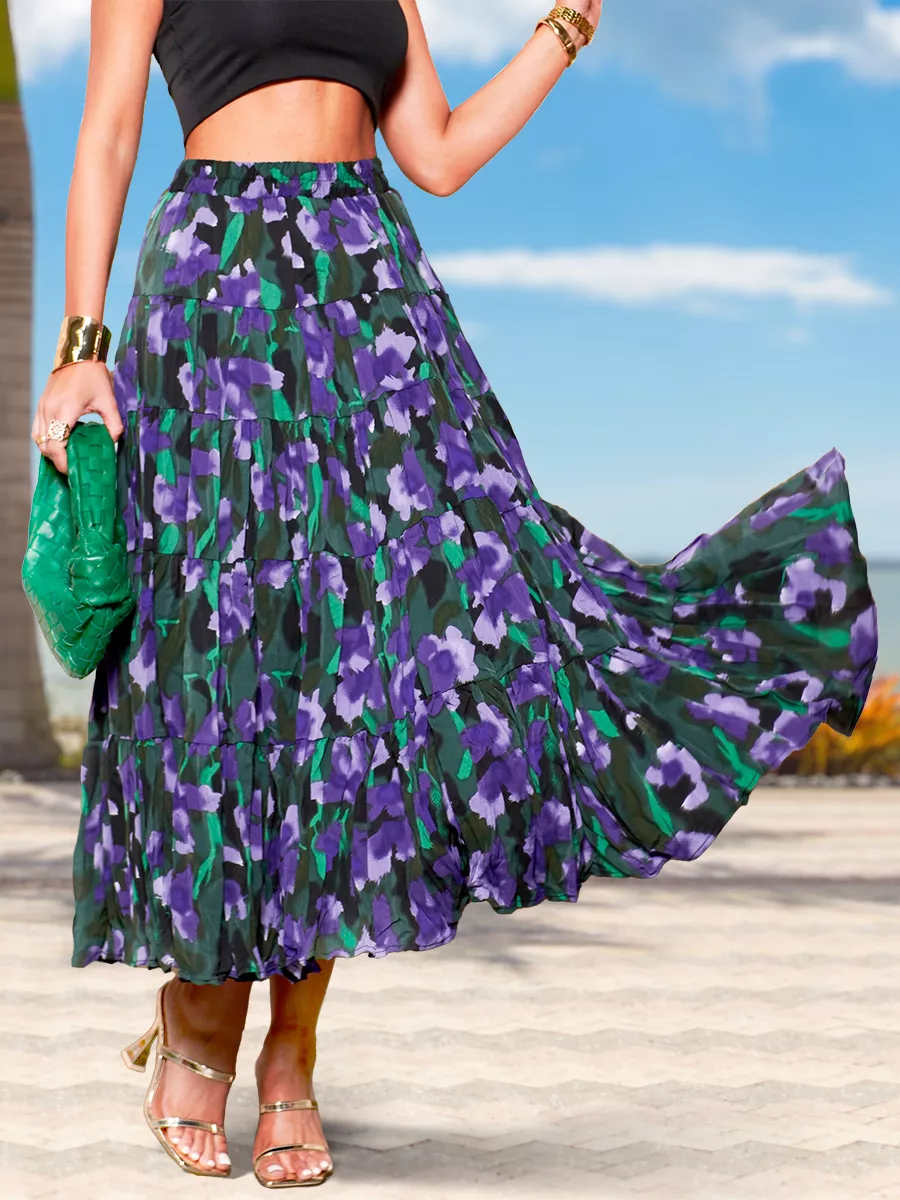 Синяя юбка ярусная с цветочным принтом