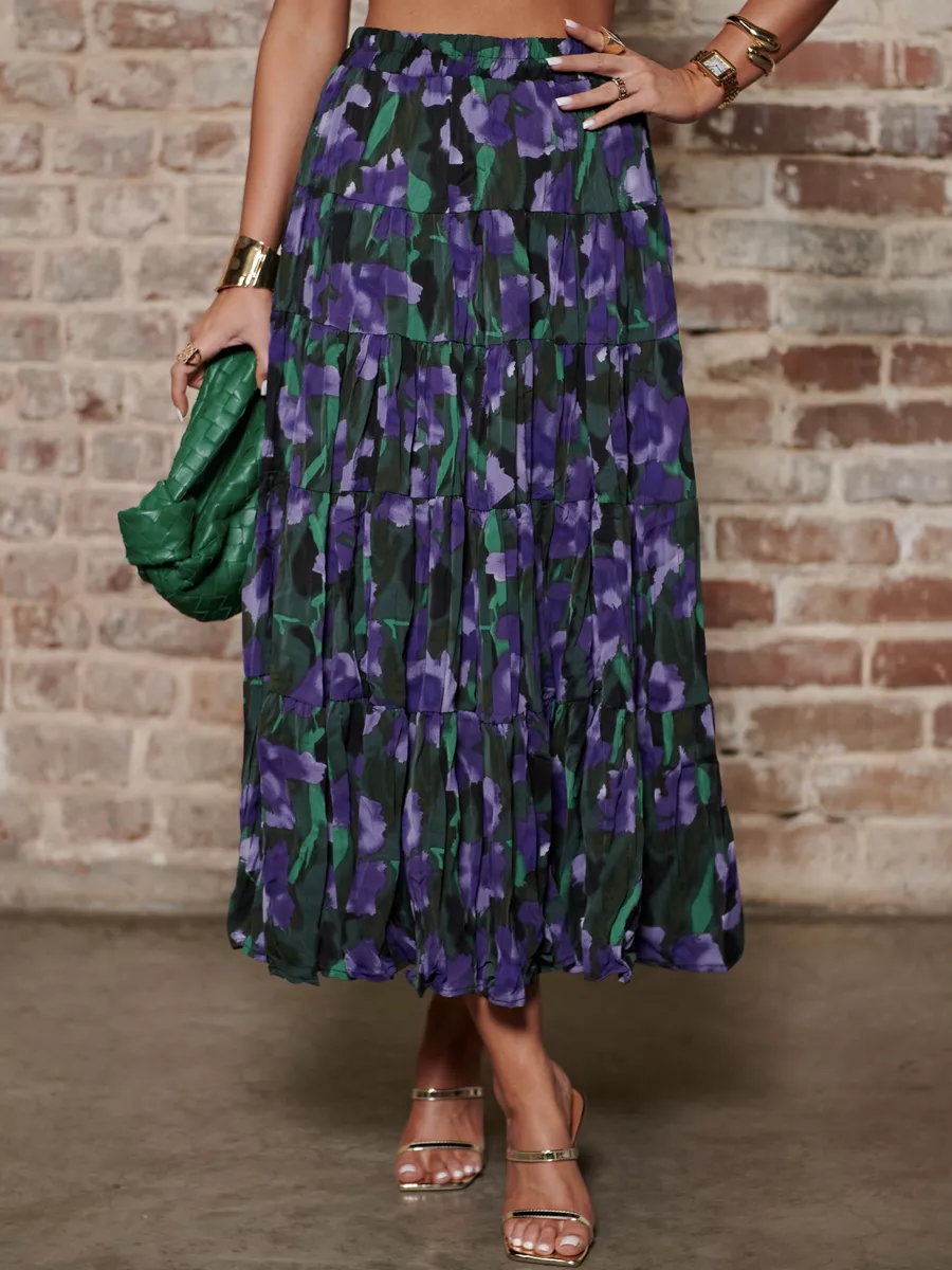 Синяя юбка ярусная с цветочным принтом