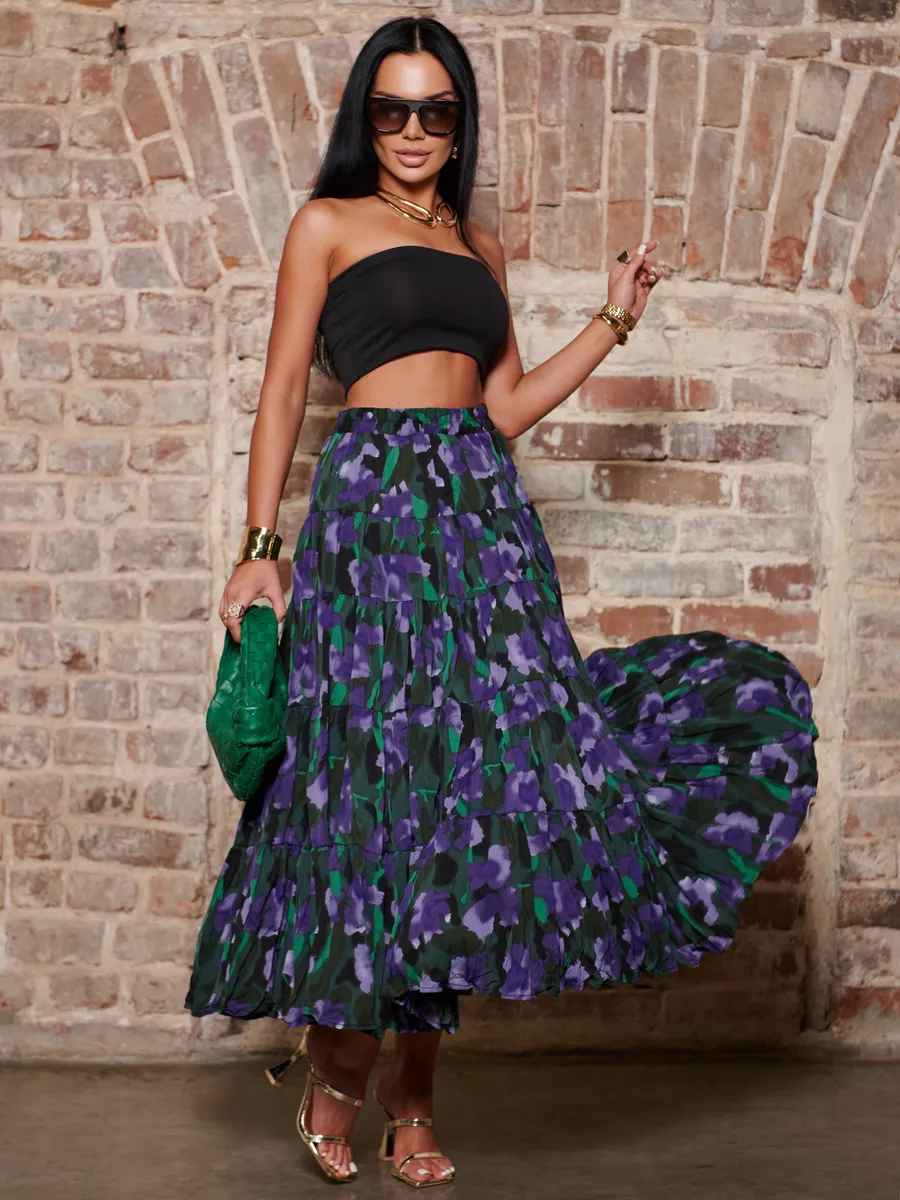 Синяя юбка ярусная с цветочным принтом