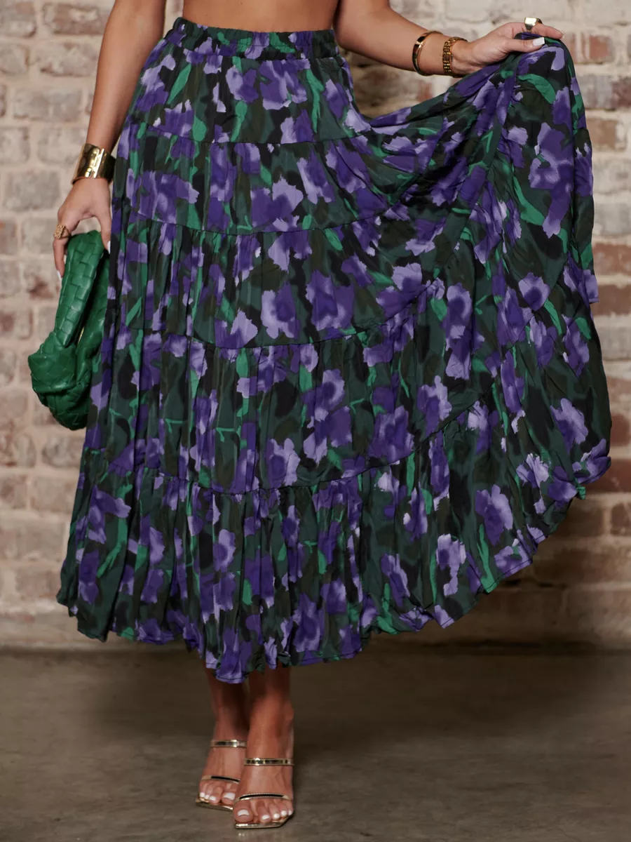 Синяя юбка ярусная с цветочным принтом