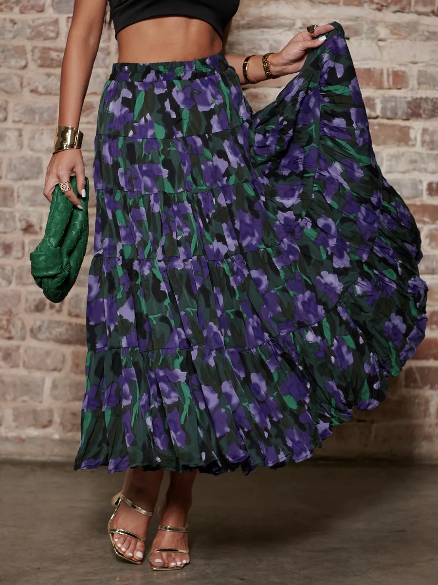 Синяя юбка ярусная с цветочным принтом