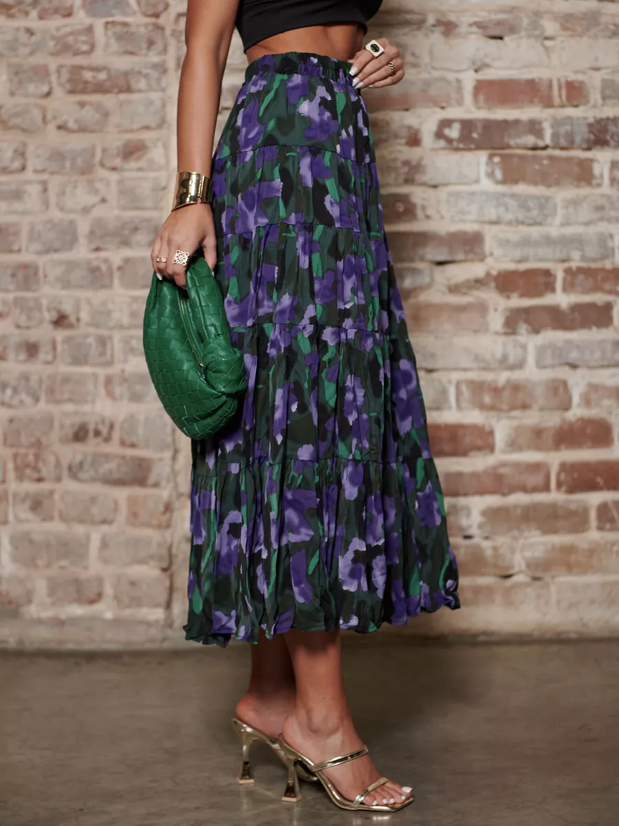 Синяя юбка ярусная с цветочным принтом