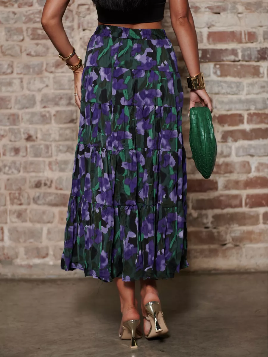 Синяя юбка ярусная с цветочным принтом