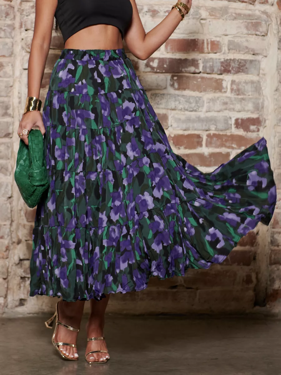 Синяя юбка ярусная с цветочным принтом