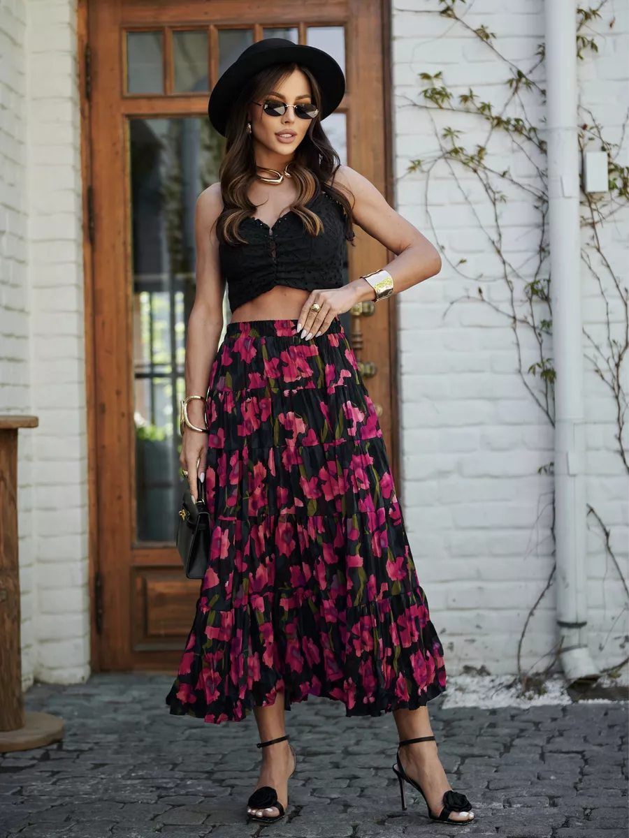 Розовая юбка ярусная с цветочным принтом