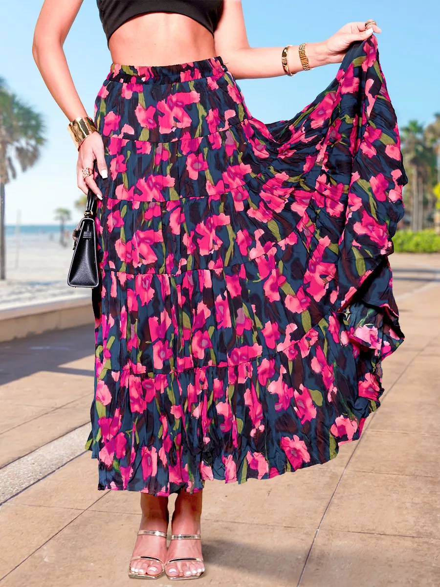 Розовая юбка ярусная с цветочным принтом