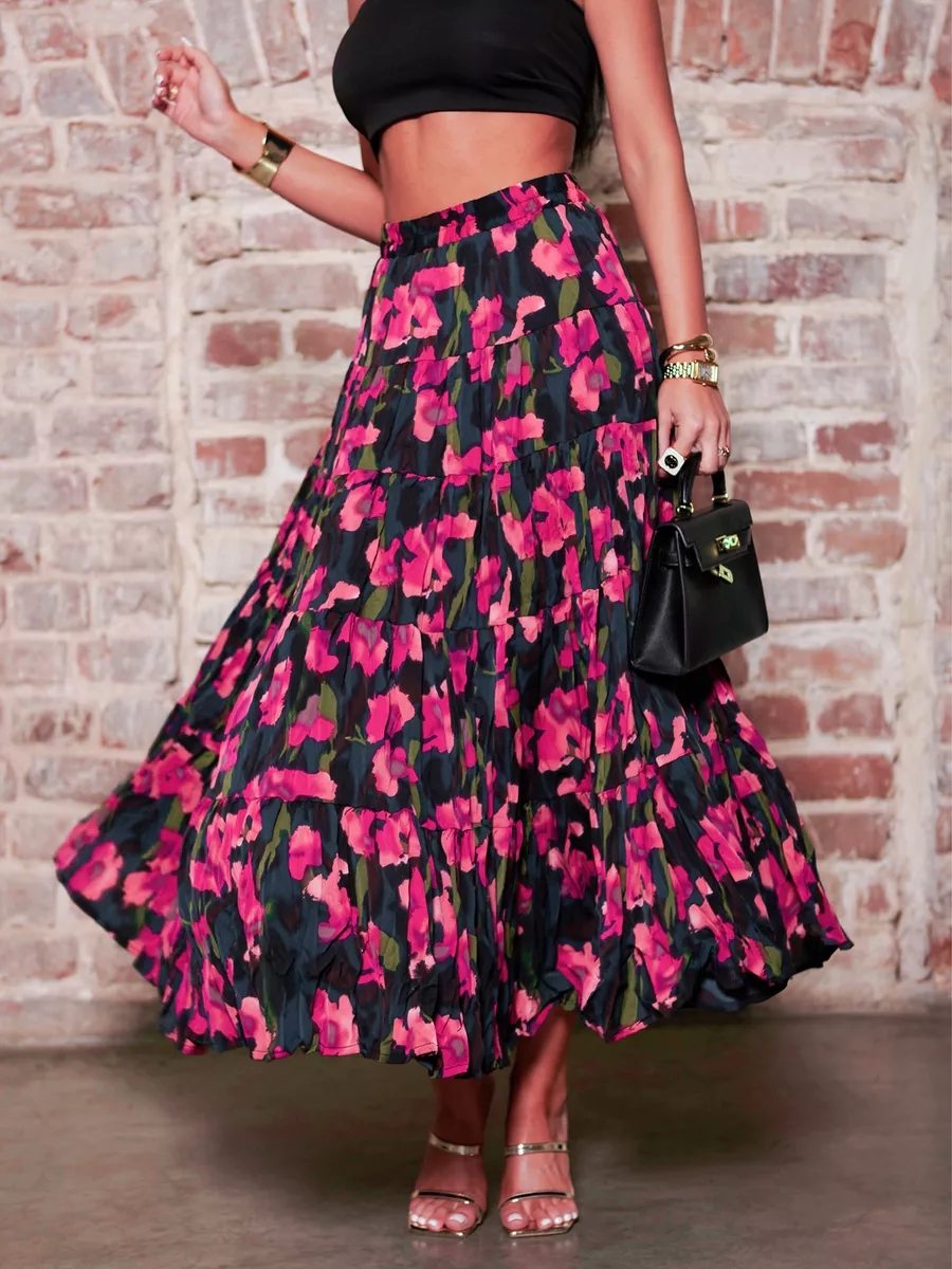 Розовая юбка ярусная с цветочным принтом