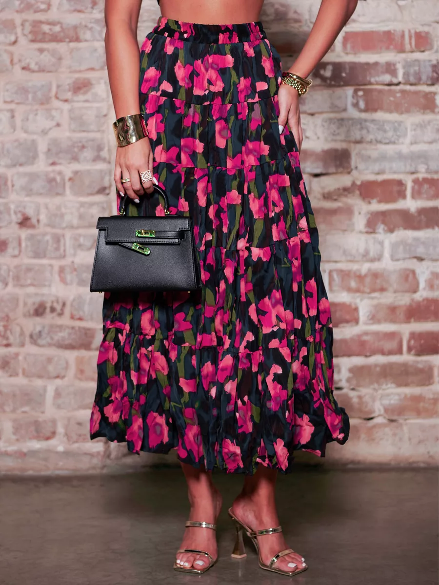 Розовая юбка ярусная с цветочным принтом