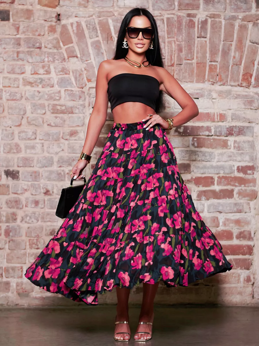 Розовая юбка ярусная с цветочным принтом