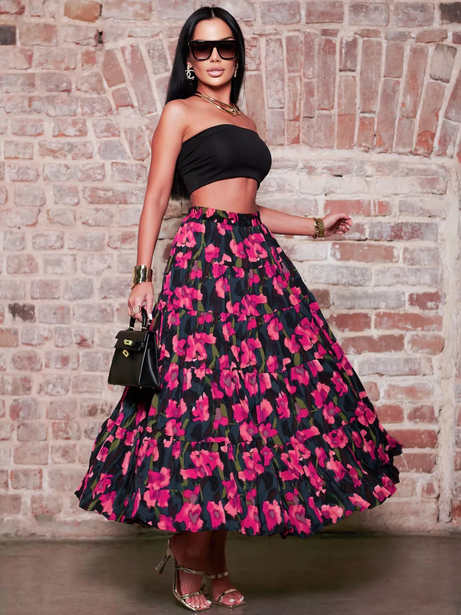 Розовая юбка ярусная с цветочным принтом