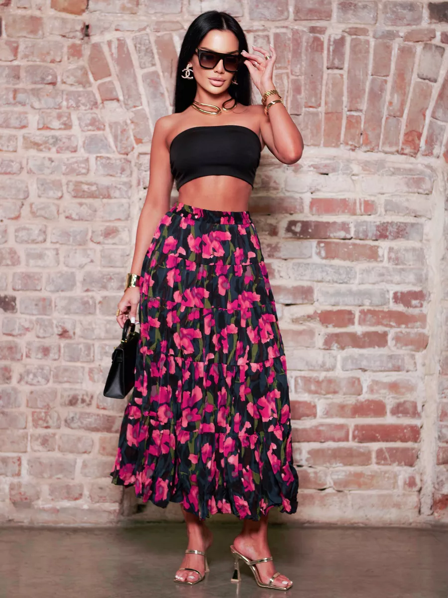 Розовая юбка ярусная с цветочным принтом