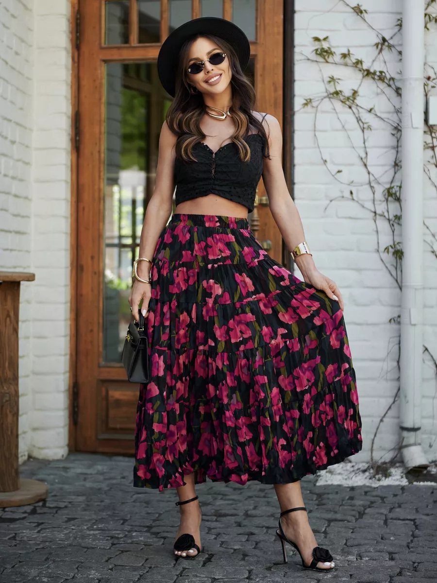 Розовая юбка ярусная с цветочным принтом