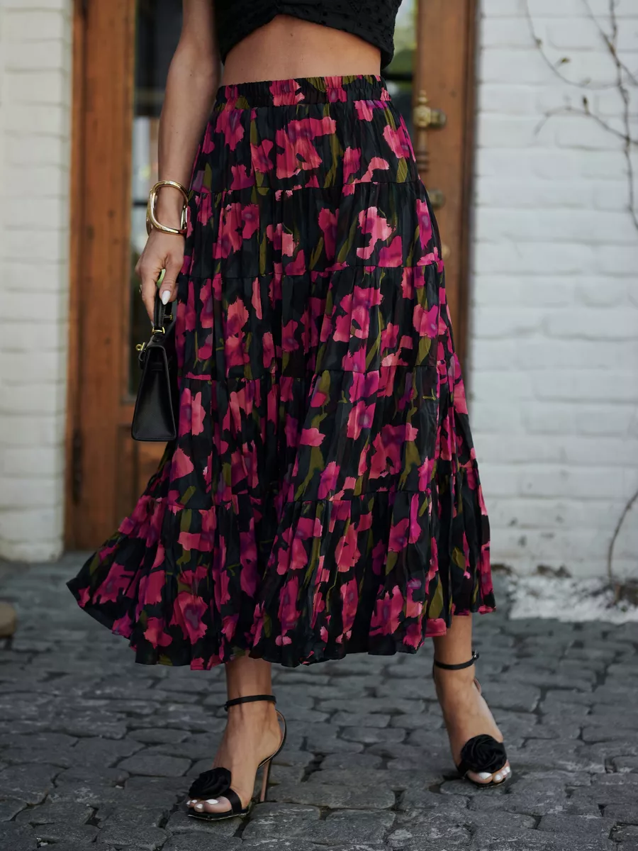 Розовая юбка ярусная с цветочным принтом